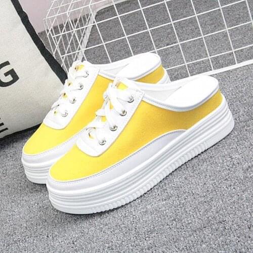 Summer Hollow Half Slippers Female 2021 New Thick Bottom Inner Increase 7cm Without Heel White One Pedal Half Sneakers