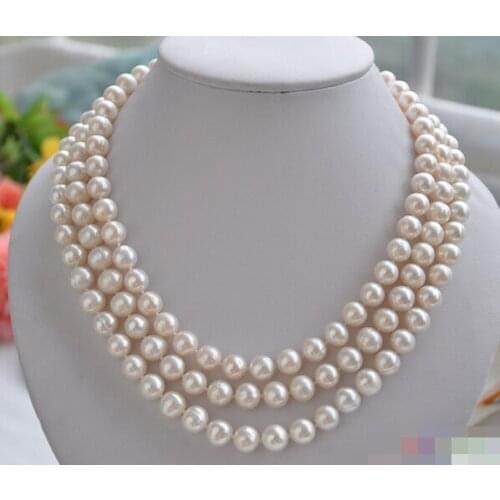 02881 3row WHITE ROUND FRESHWATER PEARL NECKLACE