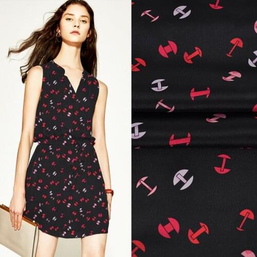 135CM 12MM Print Black Silk Crepe de Chine Fabric for Spring Summer Dress Blouse Skirt Shirt Pants JH130
