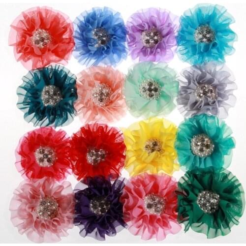 200PCS 10CM 3.9inch New Chiffon Flowers With Big Pearl Rhinestone For Headbands Fabric Flowers For Hair Clips Accessories