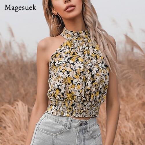 2021 Summer New Women Short Tops Print Floral Off Shoulder O-neck Shirt for Women Casual Elegant Sleeveless Shirt Blusa 14984