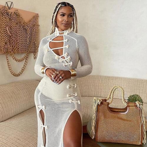 VAZN 2021 Chinese Style Network See Through Asymmetrical Sexy Club White Full Sleeve High Waist Women Skinny Maxi Dress Vestido