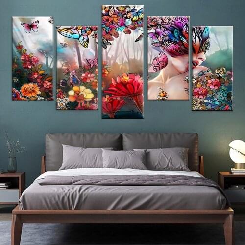 Canvas HD Printed Painting Living Room Decor 5 Pieces Abstract Butterfly Girl Pictures Modular Flowers Poster Wall Art Framework
