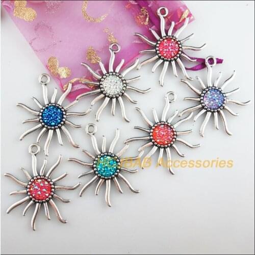 7 New Sun Charms Tibetan Silver Tone Retro Mixed Round Resin Pendants 44x49mm