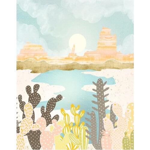 Retro Desert Oasis Abstract Canvas Cactus Plant Wall Decor Pictures Room Posters Gold Sunset Painting Picture For Living Room