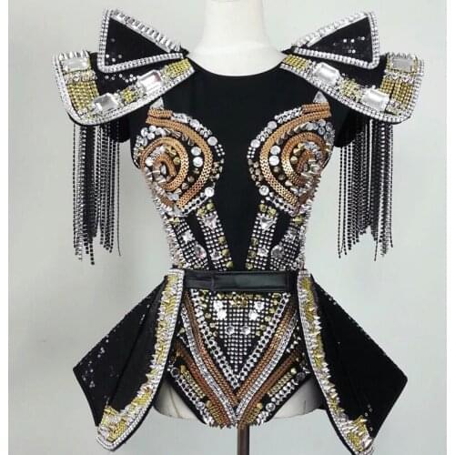 Flashing Silver Black Sequins Rivets Fringes Big Shoulders Leotard Skirt Dancer Show Outfit Set Stage Performance Clothes DN9640