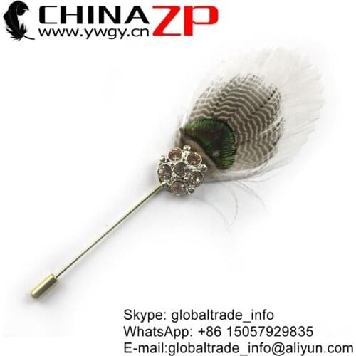 CHINAZP Factory Selected Prime Quality Natural Duck and Peacock Feathers with Rhinestone Handmade Brooch Pin