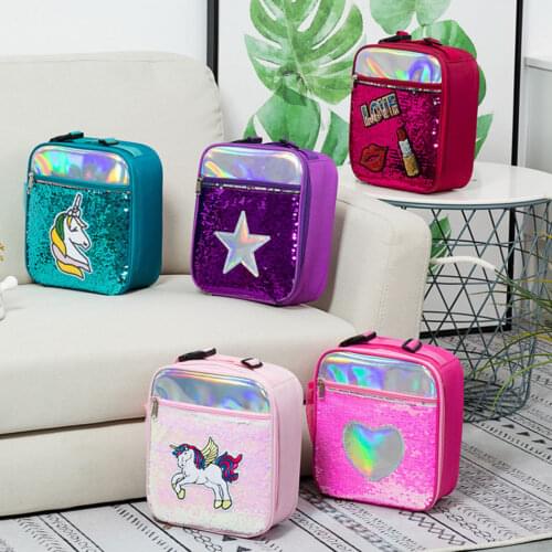 Kids Insulated Lunch Bag Sequins Food Drink Organizer Tote Reusable Lunch Box Cooler Picnic Thermal Bag For Children Women