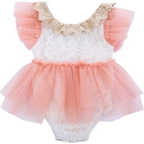 Baby Romper, Girls Lace Stitching Round Neck Fly Sleeve Bodysuit Playsuits for Summer Fall, 0-24 Months