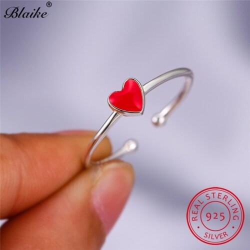 Dainty Red Enamel Love Heart Ring 925 Sterling Silver Rings For Women Wedding Bands Open Adjustable Thin Ring Band Fine Jewelry