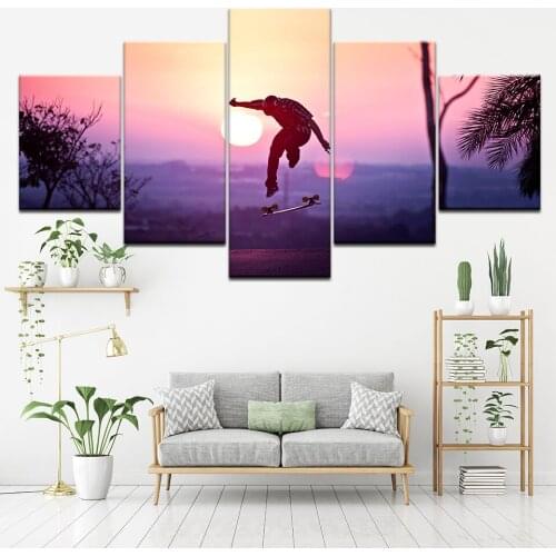 Canvas Painting Wall Art Framework 5 Pieces Sunset Skateboard Pictures HD Prints Extreme sports Skateboarding Posters Home Decor