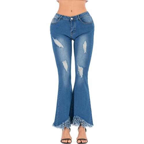 Tassel Ripped Women Flare Jeans Denim Ladies Push Up Bell Bottom Jeans Pants Women High Waist Wish Plus Size Free Shipping Blue