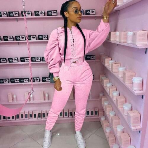 Two Piece Set Bandage Lace Up Tracksuit Women Clothing Matching Sweat Suit Female Sweatshirt 2 Pcs Loungewear Outfits Sweatpants