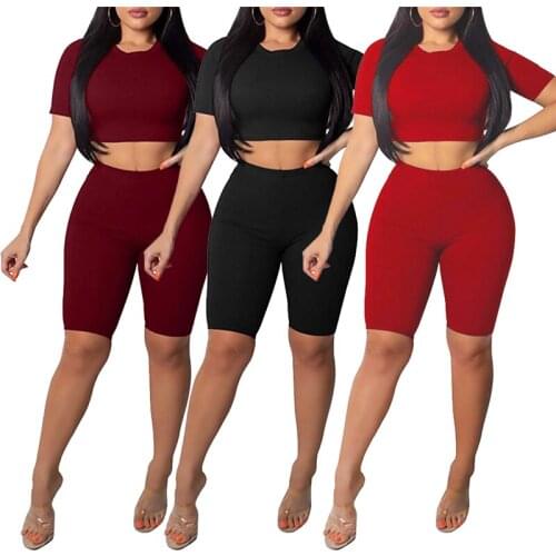 Fashion Women Yoga Sets Fashion Bodycon Shorts and Crop Top 2 pieces Sets Solid Women Outfits