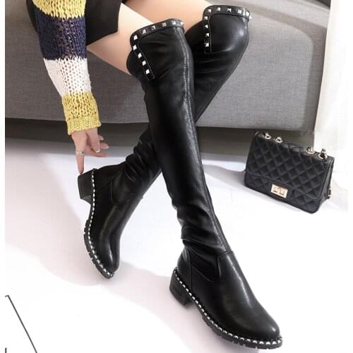 Fashion Winter boots women leather thigh high botas mujer rivets over the knee long botines chunky med-high heels platform shoes