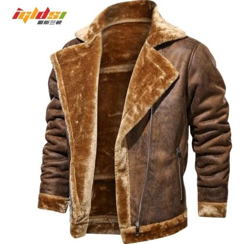 Mens Winter Thick Cashere Inner Suede Jacket Turn-Down Collar Fur Fleece Coats Male Fux Leather Outwear Streetwear Windbreaker