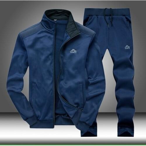 Mens Tracksuit Set Casual Fleece Gyms Zipper Jacket + Pants Polyester Mens Sportswear Sets Slim Fit 2021 Spring Autumn Suits
