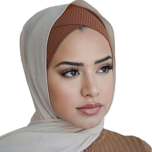 2020 new ribbed women muslim underscarf forehead Cross inner hijab caps islamic headscarf bonnet turban femme musulman turbante