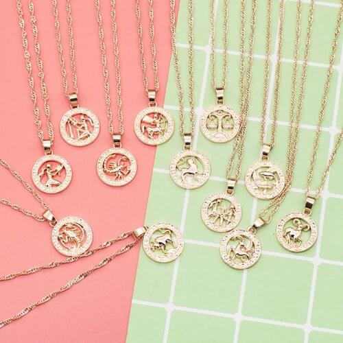 Necklace with Womens Roman Pendant 12 Zodiac Signs Yellow Rose Gold Full Womens Round Necklace