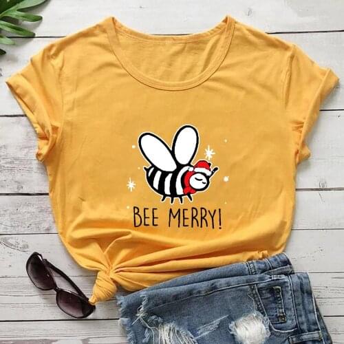 Bee Merry Funny Bee Christmas 100%Cotton Colored Print Womens T Shirt Winter Funny Casual O-Neck Short Sleeve Top New Year Gift