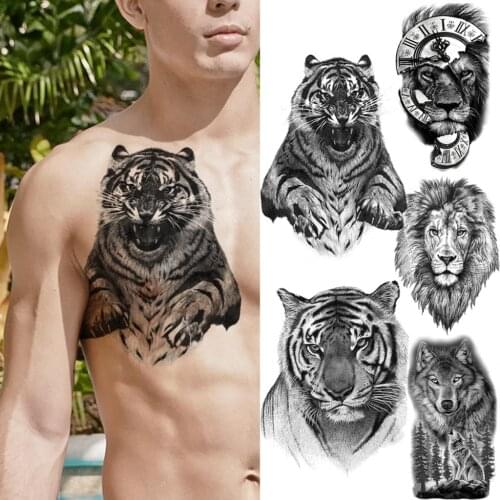 Realistic Black Large Tiger Temporary Tattoos For Men Women Lion Wolf Compass Fake Tattoo Sticker Chest Thigh Waterproof Tatoo