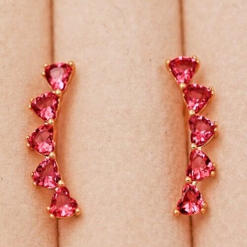 Trendy Gold Copper Plated Heart Ear Clip Earrings Hot Pink Zirconia Stone For Women Girls Fashion Jewelry Accessories Wedding