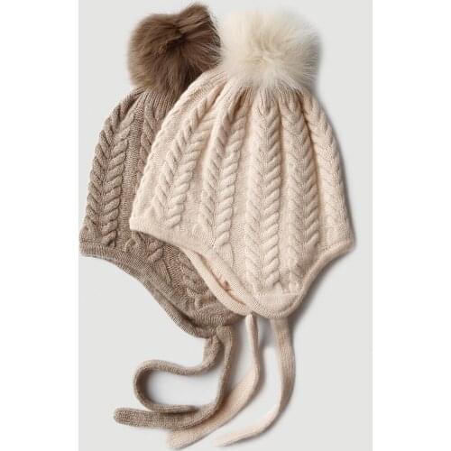 Ball knitted cashmere hat Women Inner Mongolia pure cashmere cable flower ear protection warm autumn winter woolen