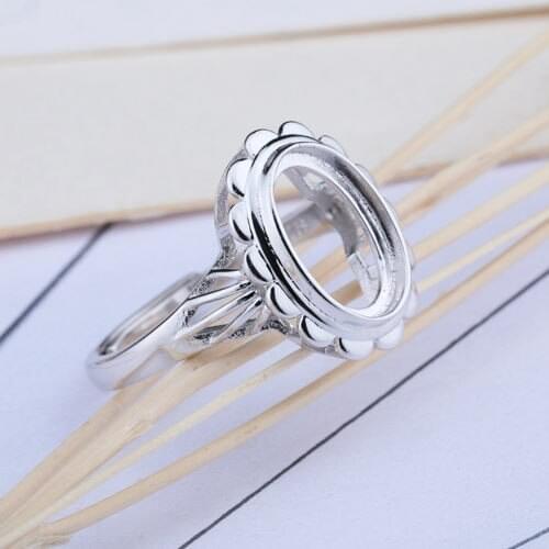 Sterling Silver 925 White Gold Color Engagement Wedding Semi Mount Ring 8x12mm Oval Cabochon Amber Agate Turquoise Setting