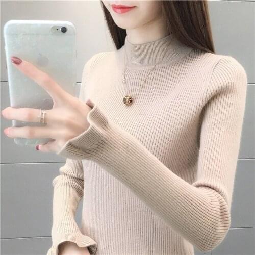 Winter Fall Pullover Mid Turtleneck Elastic Knitted Sweater Women Ladies Feamle Autumn Spring Ruffle Sleeve Straching Sweaters