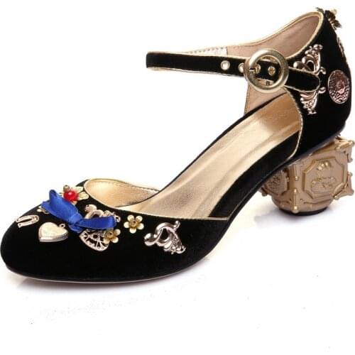 Strange Heels Pumps for Women Flock Shoes Women Pumps Round Toe Ankle Buckle Strap Ethnic Embroidery Flower Handmade