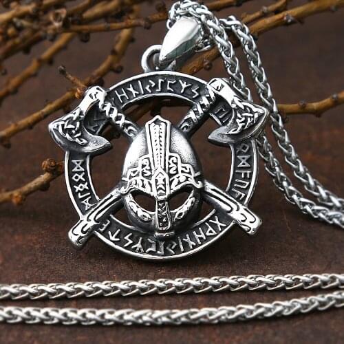 Vintage Viking Warrior Necklace Mens Jewelry Pendant Axe Necklace Chain Punk Street Biker Necklace Fashion Goth Accessories