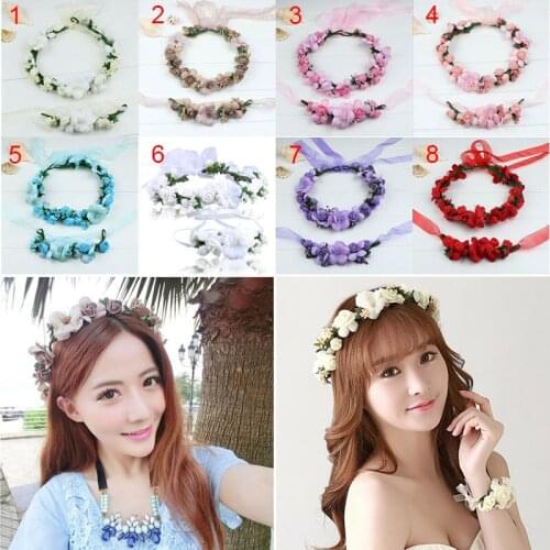Women Flower Crown Floral Headband Headpiece with Wristband Wedding Bridal Festival Hair Accessories