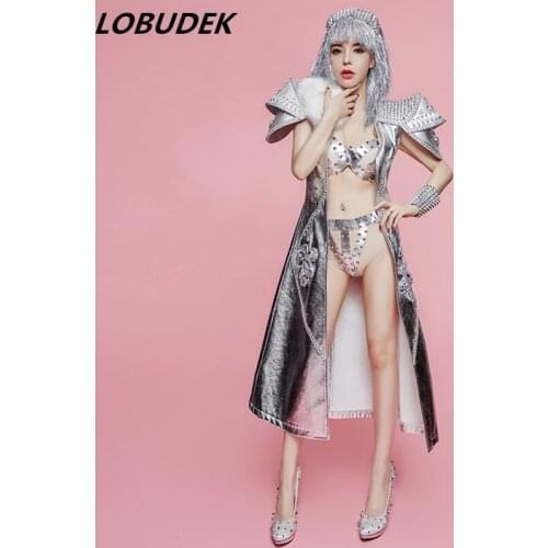 Female Singer Performance clothing Bar DJ singer Vocal Concert Stage Outfit Star Leading dancer Tide Costume Silvery Rivet Cloak