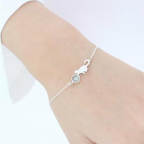 100% 925 Sterling Silver Moonlight Stone Cat Charm Bracelets & Bangles For Women Creative Fashion Jewelry