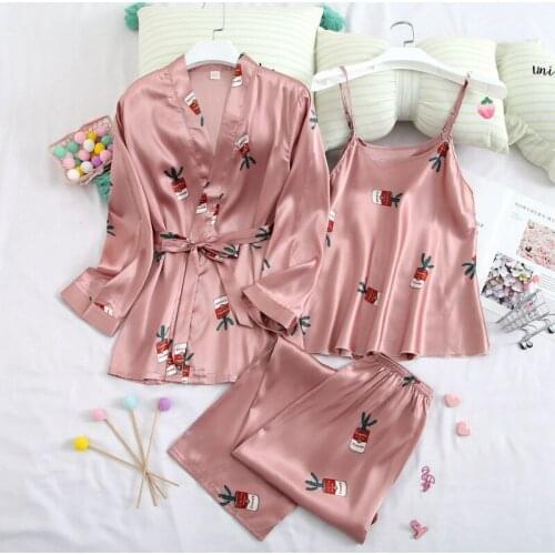 Hikigawa Women Ice Silk Pajamas Sets 2021 Spring Summer Elegant Sexy Three-piece Suit Home Service Long Sleeve Lace Up Sleepwear