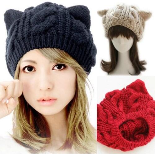 Ladies Beanie Wool Beret Twist Winter Warm Hat Wholesale Cat Ear Hat Knitted Caps For Women