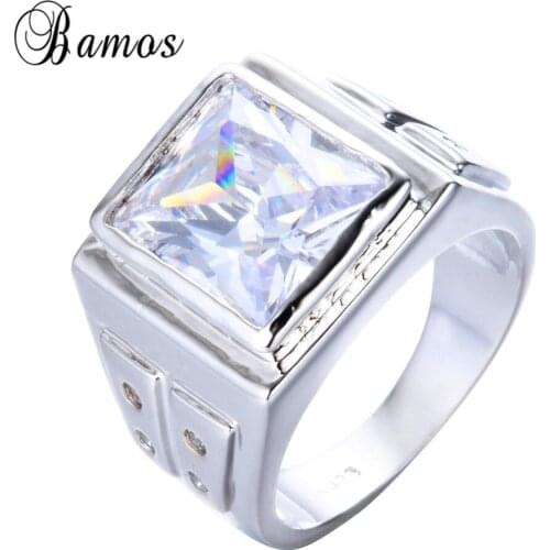 Bamos Female Square Asscher-Cut Zircon Ring Fashion Silver Color Rings For Women Vintage Engagement Jewelry