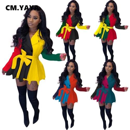 CM.YAYA Women Autumn Patchwork Ruffles Notched Neck Pleated Mini Dress Long Sleeve Button Up Sexy Party Night Club Dresses