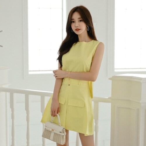 Women Sleeveless Sheer Runway Korean Dress Patchwork A Line Mini Dress Ladies Pocket Slim Yellow Woman Office Dresses Plus SIze