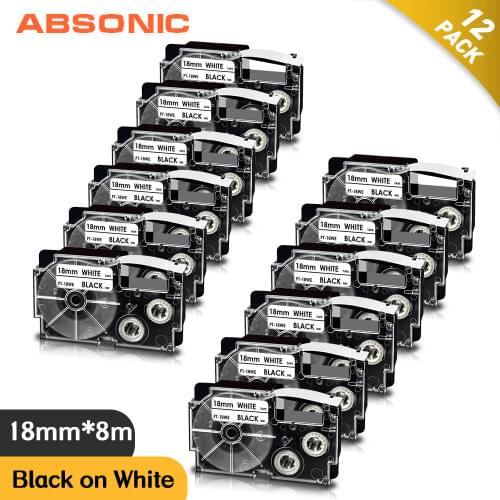12PK XR18WE Label Tape XR-18WE XR 18WE Black on White 18mm Label Ribbon Replace for Casio KL-780 KL-120 KL-750 Label Typewriter