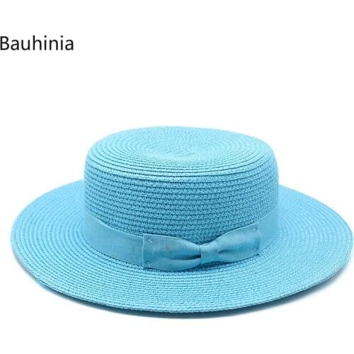 Bauhiaia Casual Summer Beach Straw Hat Ladies Fashion Flat Brom Bowknot Panama Sun Hats For Women Travel Cap Chapeu Feminino