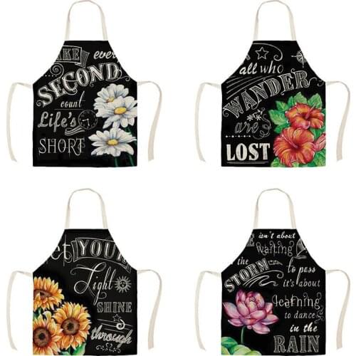 Black Background Flower Printing Kitchen Apron for Women Home Cooking Baking Coffee Shop Cotton Linen Cleaning Aprons WQT245