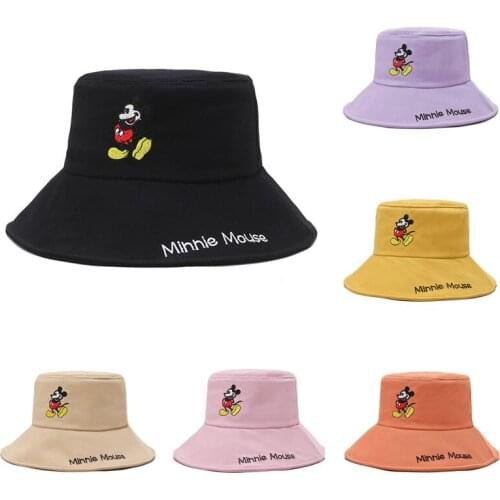 Disney Mickey Fisherman Hat Lady Cartoon Anime Letter Embroidery Pure Color Mountaineering Outdoor Sunscreen Caps for Women