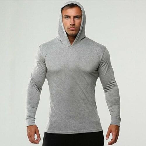 Gym Bodybuilding Clothing Fitness Hooded T Shirt Men Sportswear Solid Color Long Sleeve T-shirt Workout Tshirt Muscle Tee Shirt