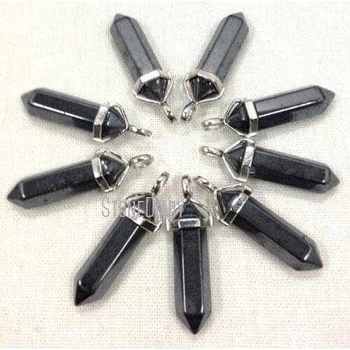 H-RQP16 Hematite Stone Hexagon Point Pendant Cryatal Pillar with Silver Bail Approx 40mmx10mm