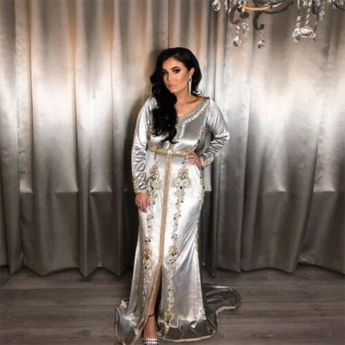 Custom Made Gray Velour Moroccan Kaftan Evening Dresses V Neck Long Sleeves Dubai Arabia Prom Dresses Muslim Dresses Custom Made