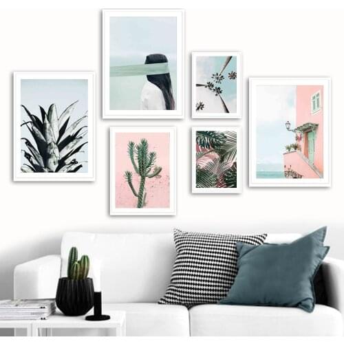 Cactus Pineapple Monstera Coconut Tree Sea Girl Wall Art Print Canvas Painting Nordic Poster Wall Pictures For Living Room Decor