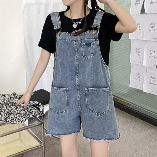 Summer Autumn Female Denim Rompers Pocket Hole XL Suspenders Vintage Short Overalls For Women Casual Loose Solid Jeans Jumpsuit