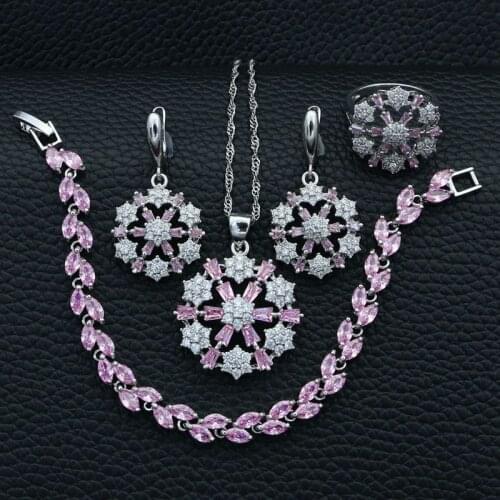 925 Sterling Silver Jewelry Set Pink Cubic Zirconia White Crystal For Women Wedding Necklace/Earrings/Bracelet/Pendant/Ring