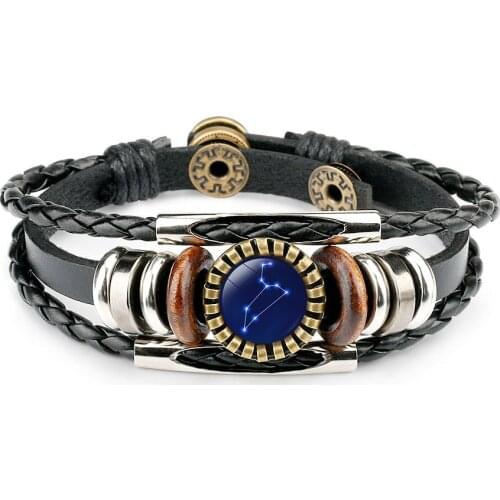 12 Constellation Cancer Lion Virgo Libra Zodiac Sign Leather Bracelet Glass Fabric Dome Jewelry Men Bracelet